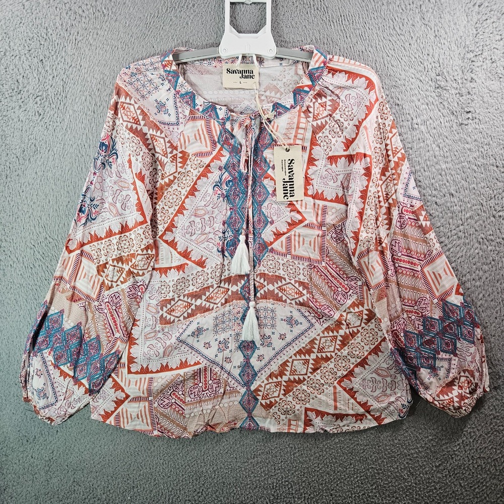 NEW Savanna Jane Top Blouse Women Large Embroidered Long Sleeve‎ Multicolor Soft